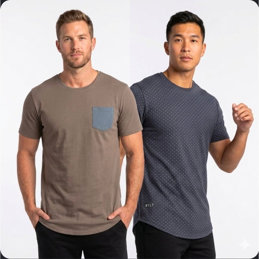 BYLT Blue Brown T-Shirt Lot 2 Size L Drop Cut Lux Polka Dot Pocket Athletic Fit